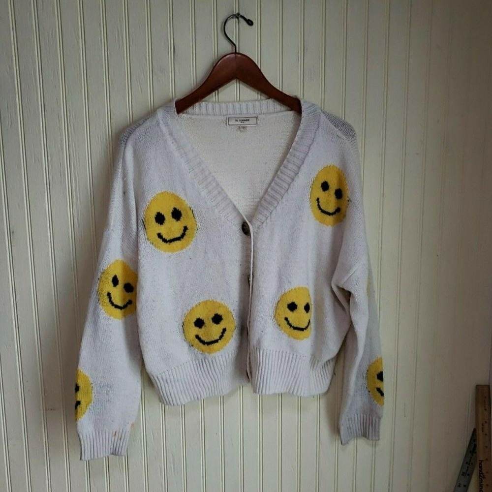 No Comment Cardigan Sweater Womens Large White Smiley‎ Face V Neck Button Knit